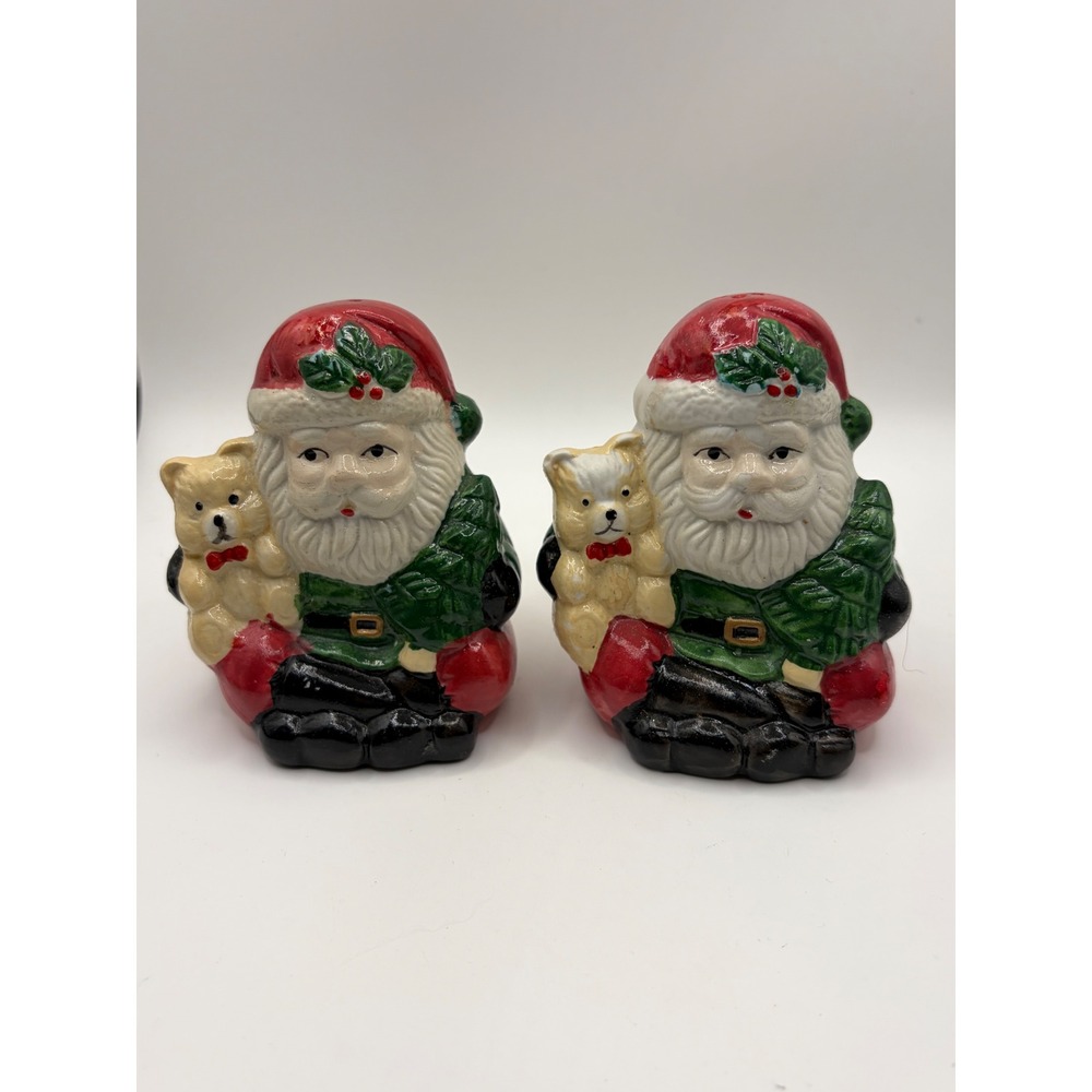 Vintage Santa Claus with Teddy Bear Salt and Pepper Shakers Ceramic Christmas